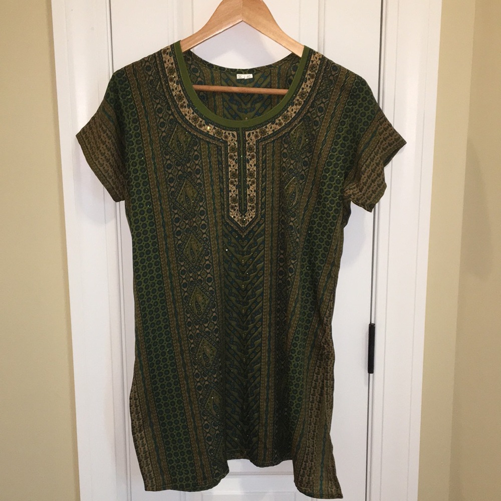 Patterned green multi short sleeve tunic | Size 40